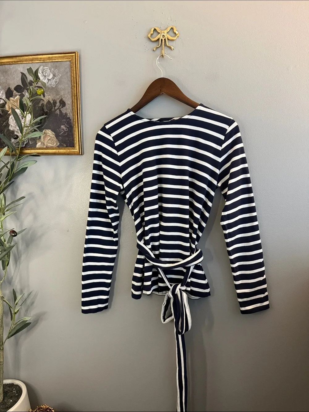 J.Crew Navy White Striped Crossover Back Tie Waist Cotton Top Small